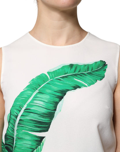 Dolce & Gabbana White Banana Leaf Print Round Neck Tank Top