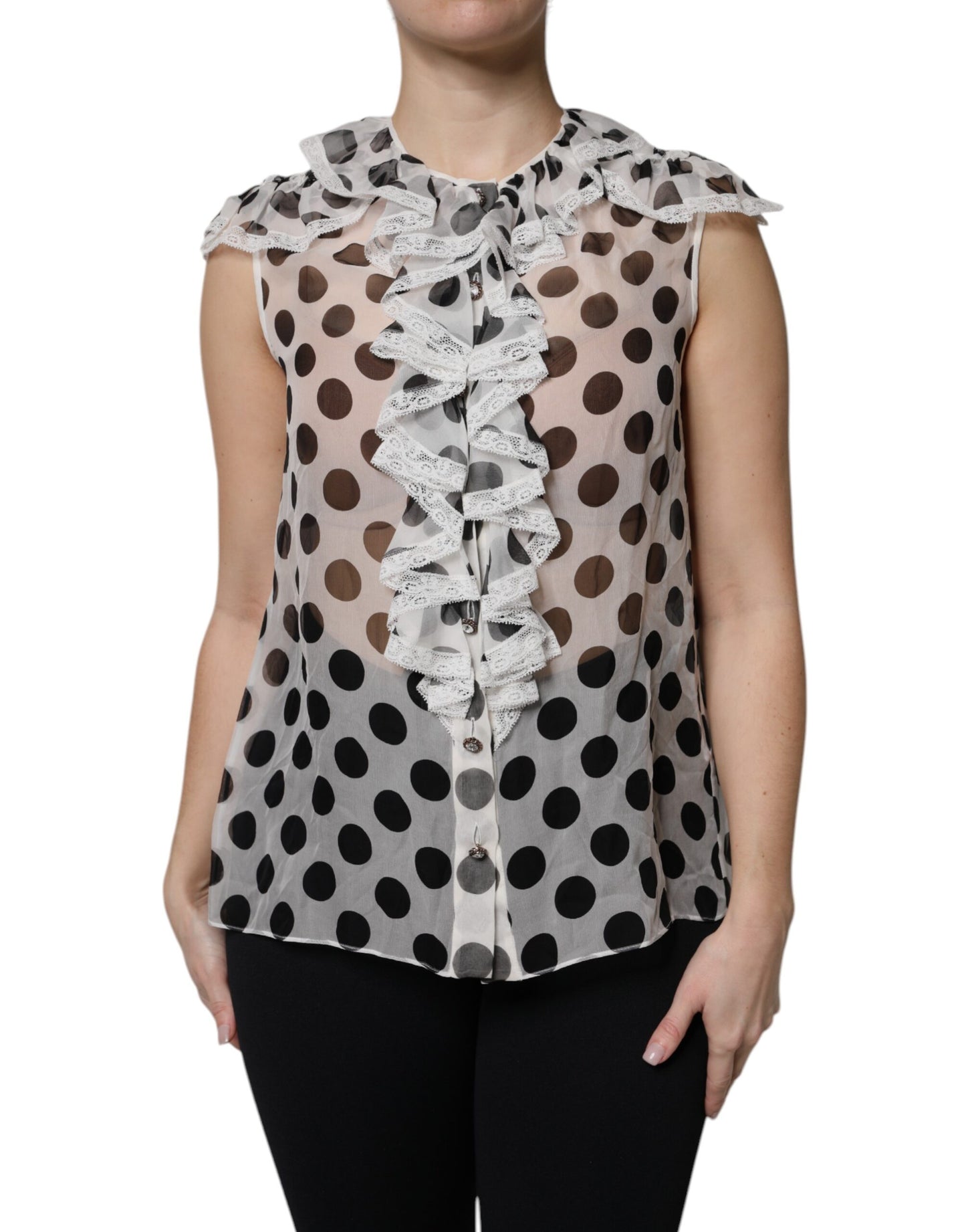 Dolce & Gabbana White Black Polka Dot Cotton Sleeveless Top