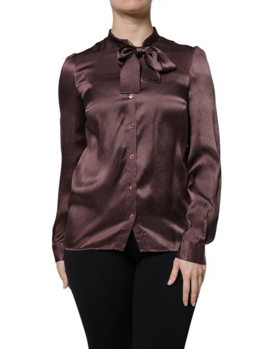 Dolce & Gabbana Brown Ascot Collar Long Sleeve Blouse Top