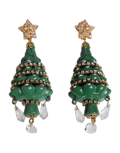 Dolce & Gabbana Green Enamel Christmas Tree Crystal Dangling Earrings