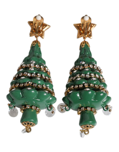 Dolce & Gabbana Green Enamel Christmas Tree Crystal Dangling Earrings