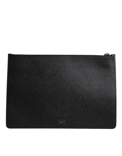Dolce & Gabbana Black Leather Golden Pig Print Logo Plaque Men Pouch Bag