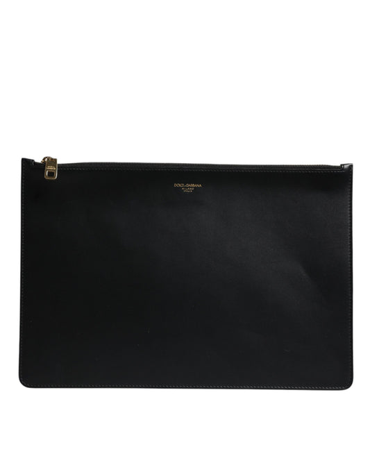 Dolce & Gabbana Black Solid Leather DG Logo Clutch Zip Pouch Bag