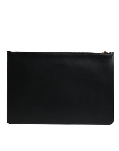 Dolce & Gabbana Black Solid Leather DG Logo Clutch Zip Pouch Bag