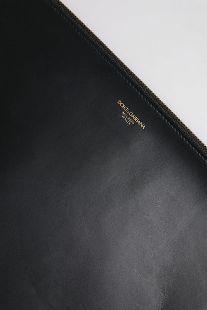 Dolce & Gabbana Black Solid Leather DG Logo Clutch Zip Pouch Bag
