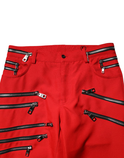 Dolce & Gabbana Red Zipper Embellished Straight Pants