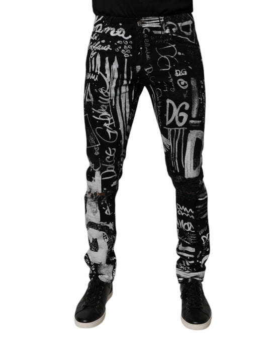 Dolce & Gabbana Black Cotton Logo Print Skinny Denim Jeans