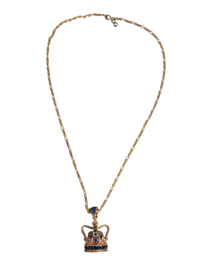 Dolce & Gabbana Gold Tone Chain Brass Crystal Crown Pendant Necklace