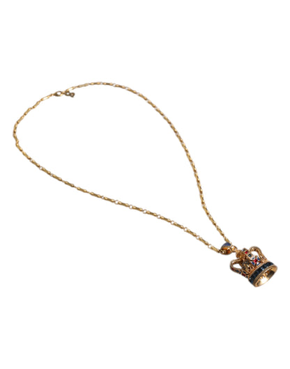 Dolce & Gabbana Gold Tone Chain Brass Crystal Crown Pendant Necklace