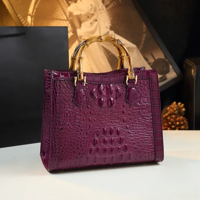 Bolso de mano de piel auténtica de bambú para mujer