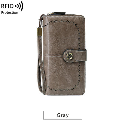 Cartera antimagnética RFID con cremallera, de cuero y de gran capacidad