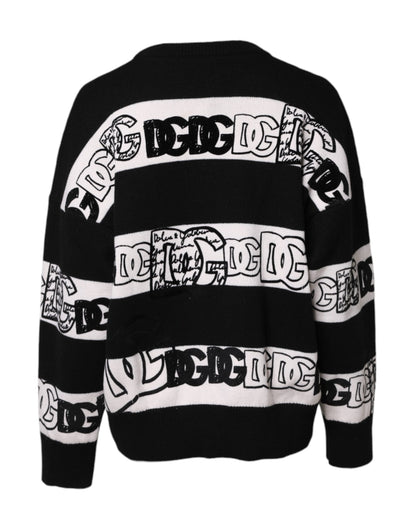 Dolce & Gabbana Black White Logo Print Wool Pullover Sweater