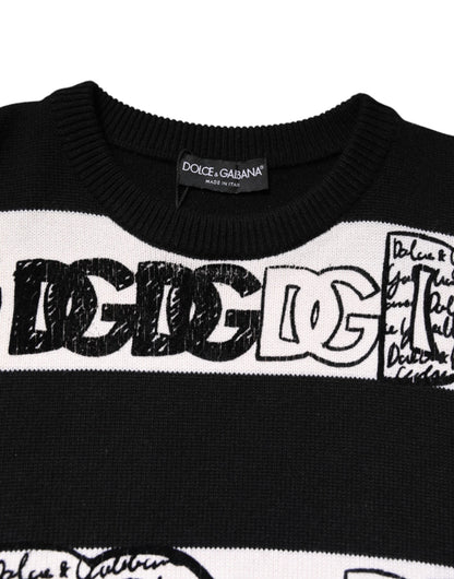 Dolce & Gabbana Black White Logo Print Wool Pullover Sweater