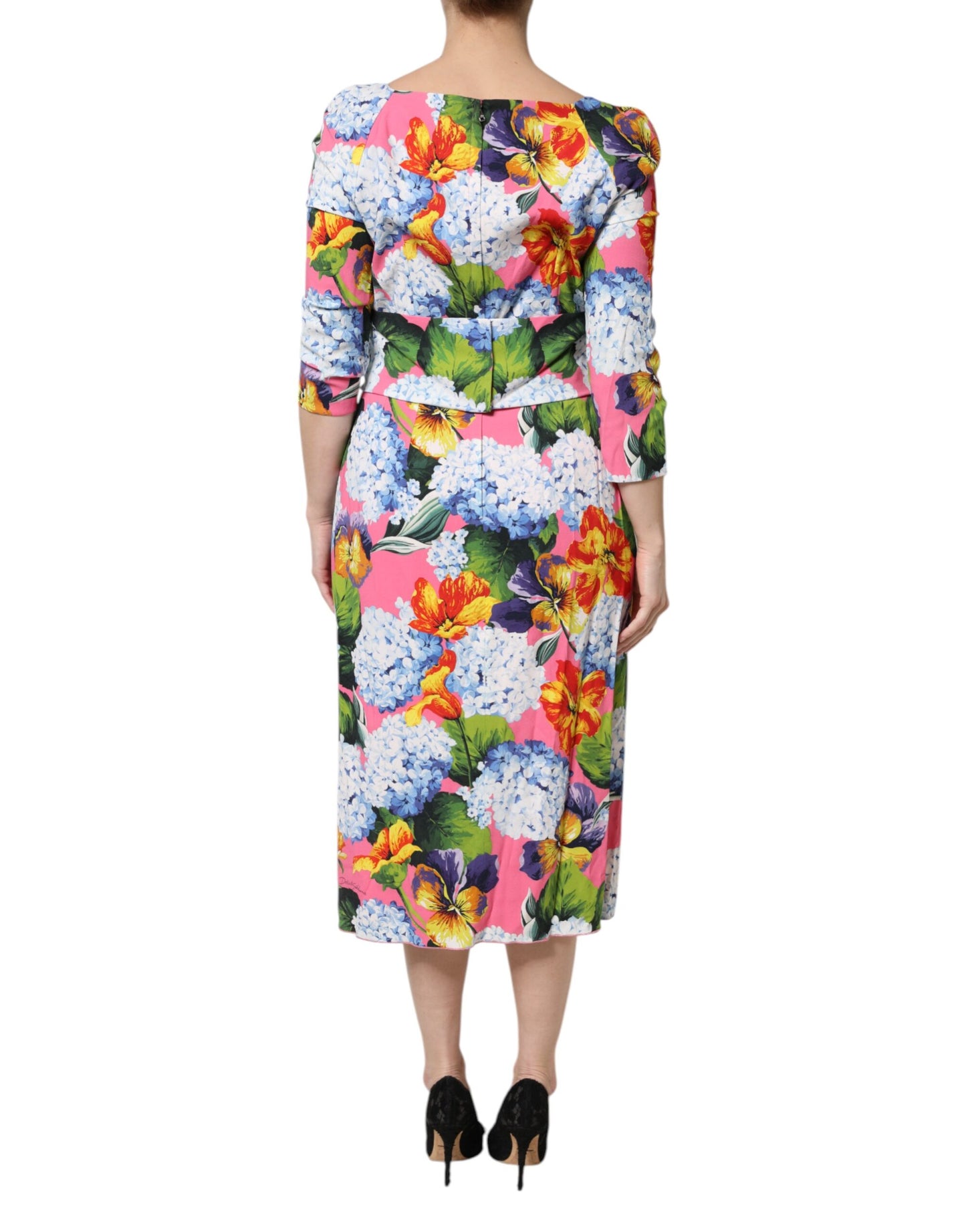 Dolce & Gabbana Multicolor Floral Pleated Sheath Midi  Dress