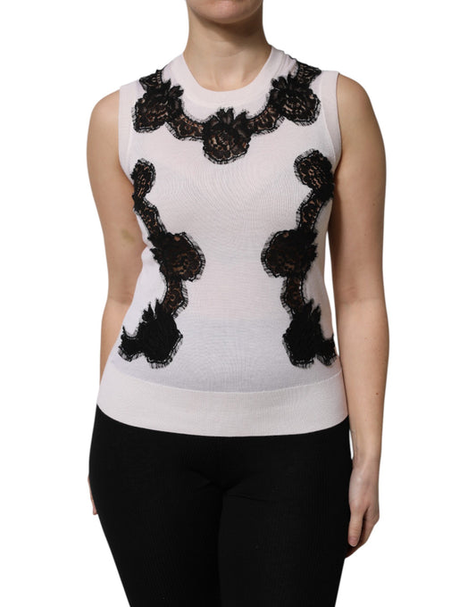 Dolce & Gabbana White Cashmere Floral Lace Detailing Tank Top