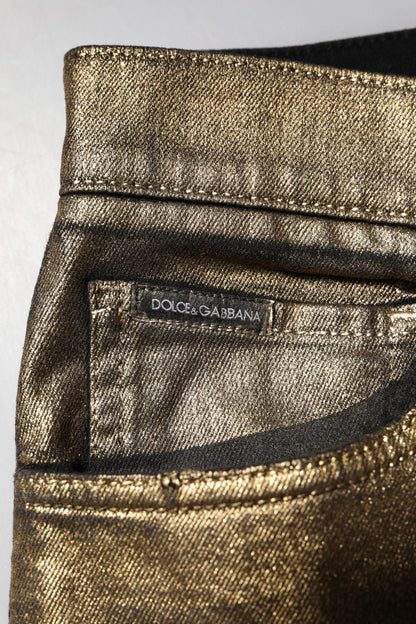 Dolce & Gabbana Gold Tattered Cotton Stretch Slim Denim Jeans