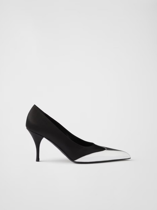 Prada Black Satin And Metallic Silver Leather Pumps