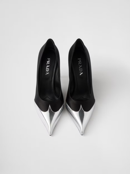 Prada Black Satin And Metallic Silver Leather Pumps