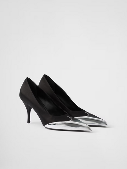 Prada Black Satin And Metallic Silver Leather Pumps