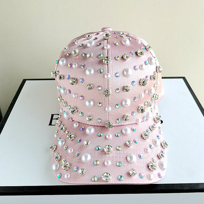 Gorra de béisbol con perlas y diamantes de imitación para mujer y niña, ajustable, color blanco y rosa, a la moda, de alta calidad