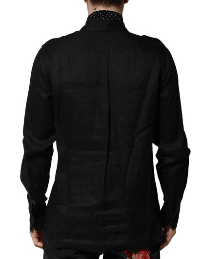 Dolce & Gabbana Black Polka Dot Linen Silk Men Casual Shirt