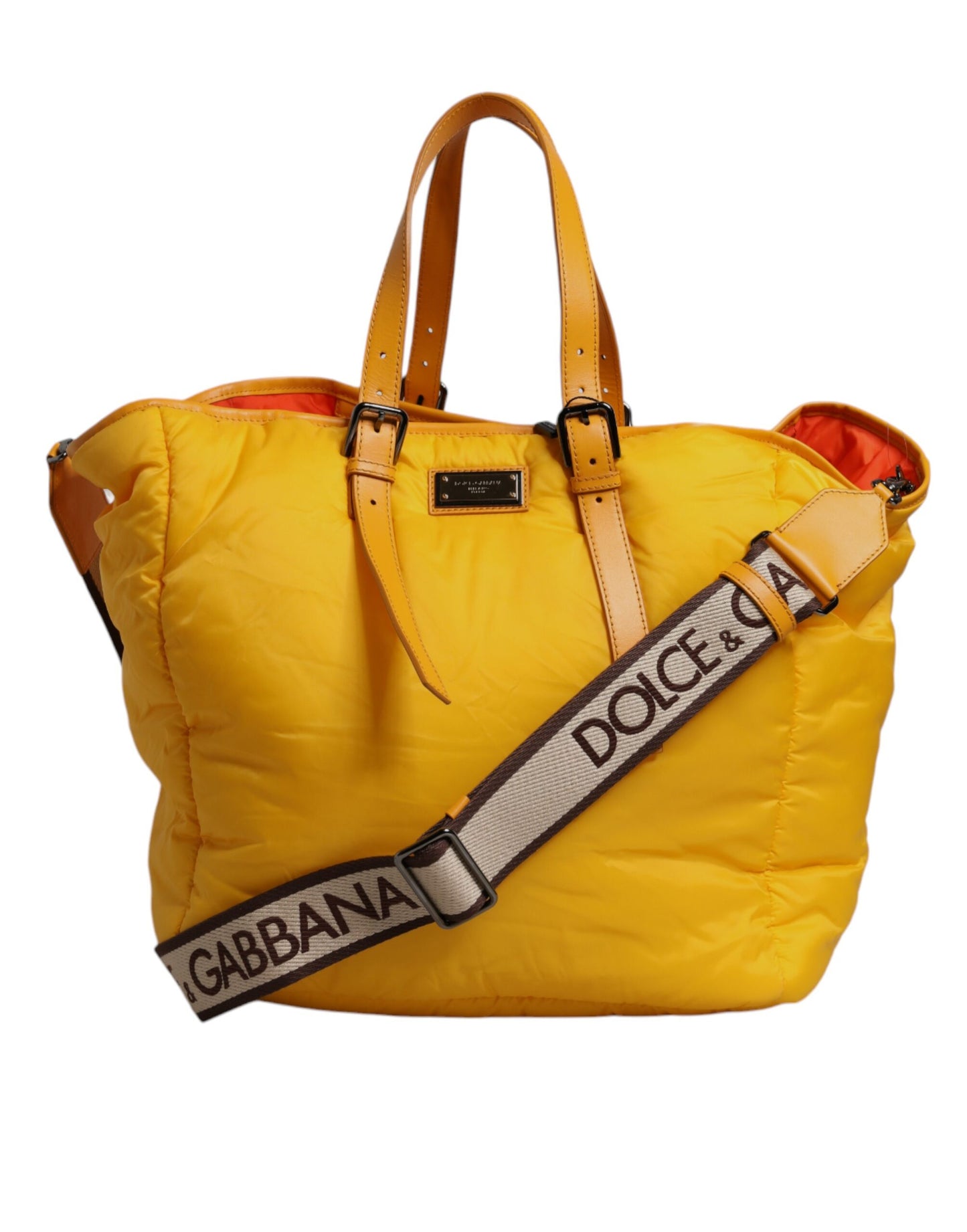 Dolce & Gabbana Yellow Orange Nylon Logo Plaque Hand Shoulder Tote Bag