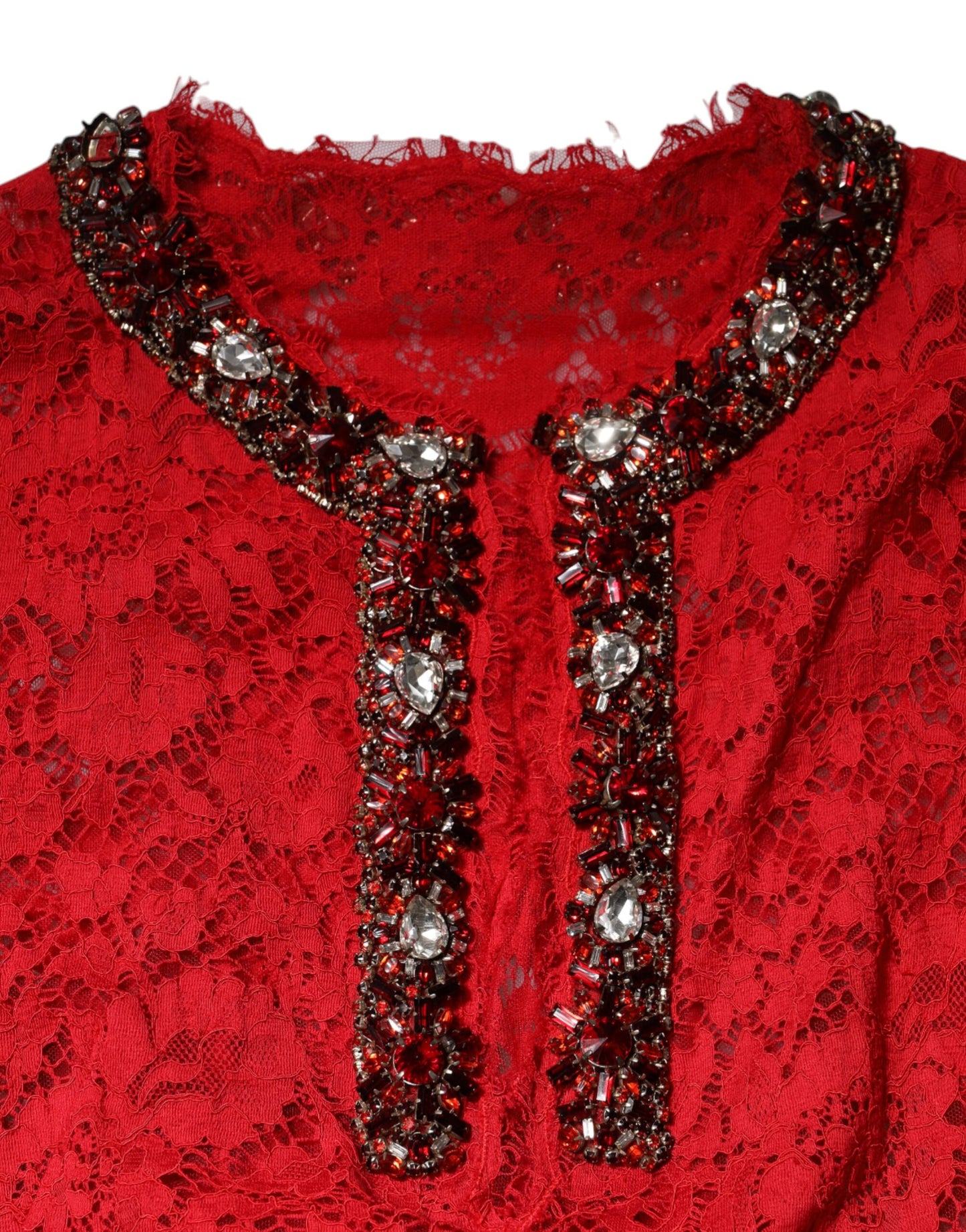 Dolce & Gabbana Red Floral Lace Rhinestone Embellished Dress