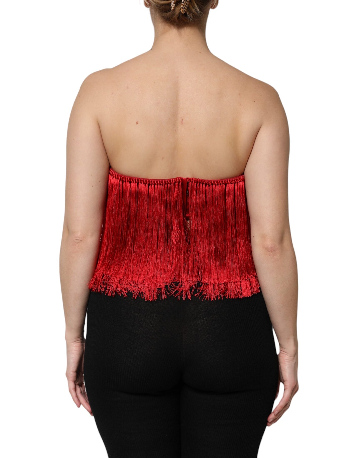 Dolce & Gabbana Red Silk Strapless Fringe Crop Tube Top