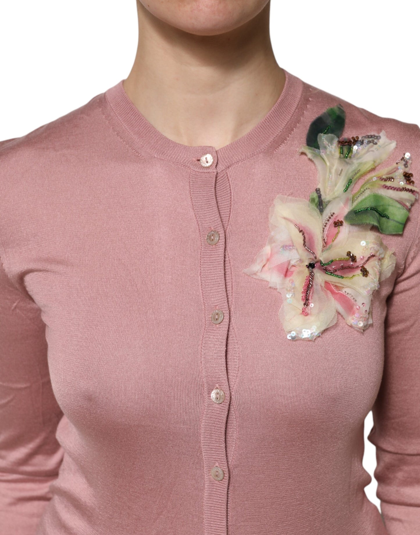 Dolce & Gabbana Pink Silk Knit Button Down Cardigan Sweater