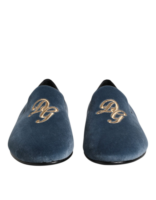Dolce & Gabbana Blue Velvet DG Logo Loafers Formal Shoes