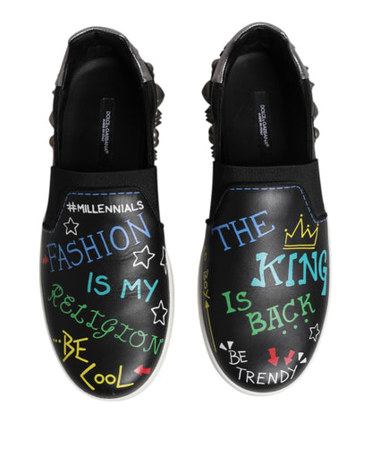 Dolce & Gabbana Black Leather Studded Graffiti Sneakers Shoes