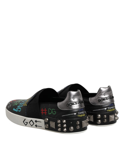 Dolce & Gabbana Black Leather Studded Graffiti Sneakers Shoes