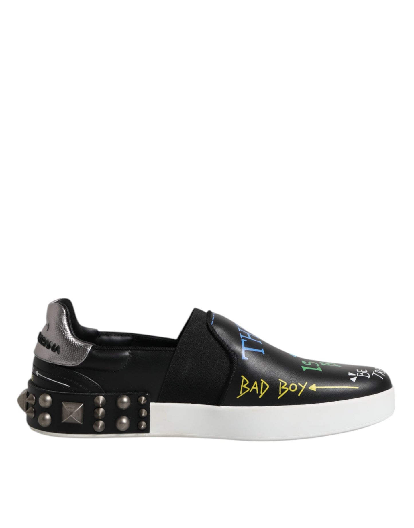 Dolce & Gabbana Black Leather Studded Graffiti Sneakers Shoes