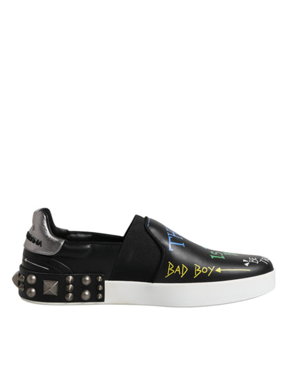 Dolce & Gabbana Black Leather Studded Graffiti Sneakers Shoes