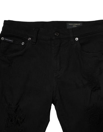 Dolce & Gabbana Black Cotton Logo Plaque Slim Denim Jeans