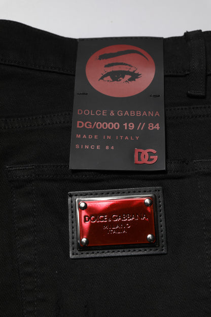 Dolce & Gabbana Black Cotton Logo Plaque Slim Denim Jeans