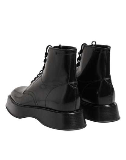 Dolce & Gabbana Black Leather Logo Ankle Boots Lace Up Shoes