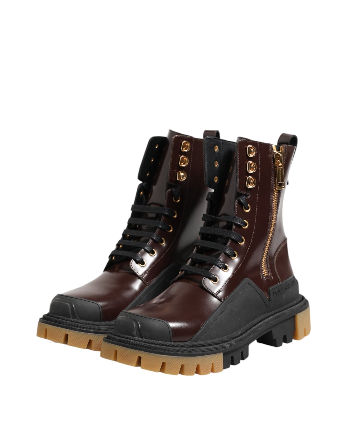 Dolce & Gabbana Brown Black Leather Boots Zipper Lace Up Shoes