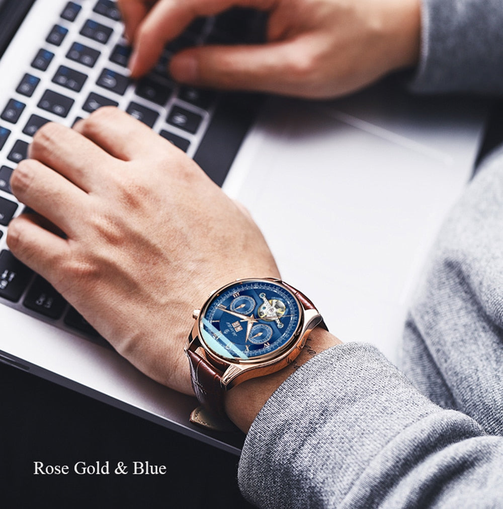 Reloj mecánico automático SenorsSN170 para hombre, de lujo, de cuero militar, cronógrafo