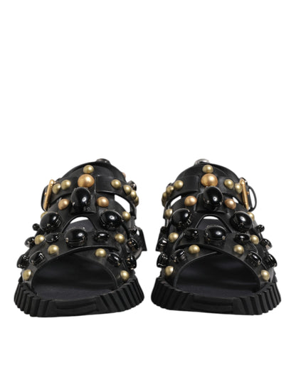 Dolce & Gabbana Black Leather Studded Ankle Strap Sandals Shoes