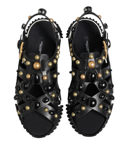 Dolce & Gabbana Black Leather Studded Ankle Strap Sandals Shoes