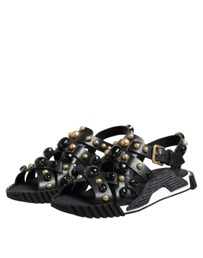 Dolce & Gabbana Black Leather Studded Ankle Strap Sandals Shoes
