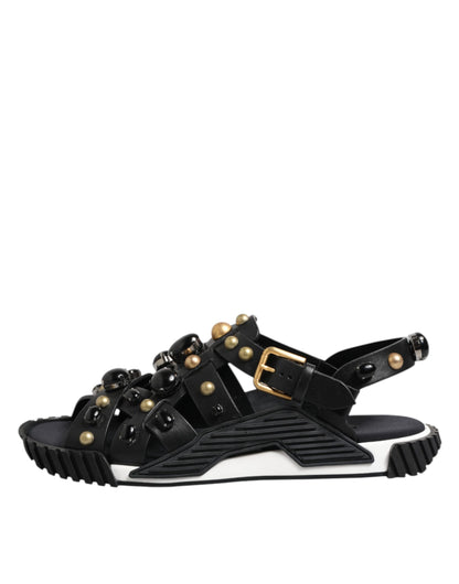 Dolce & Gabbana Black Leather Studded Ankle Strap Sandals Shoes