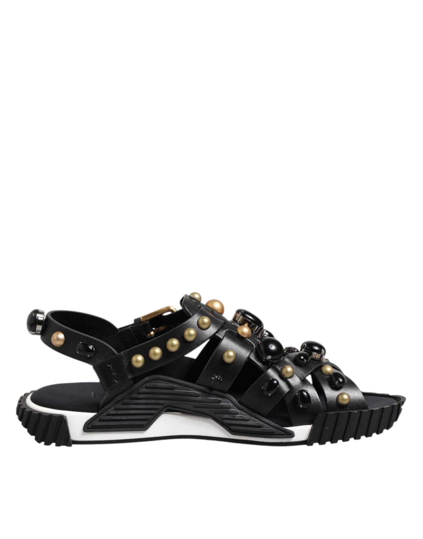 Dolce & Gabbana Black Leather Studded Ankle Strap Sandals Shoes