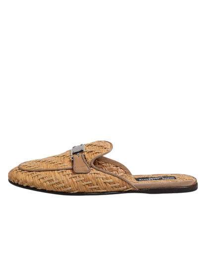 Dolce & Gabbana Beige Rattan Flat Mule Men Sandals Shoes