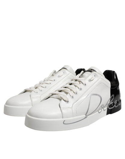 Dolce & Gabbana White Black Logo Low Top Leather Sneakers Shoes
