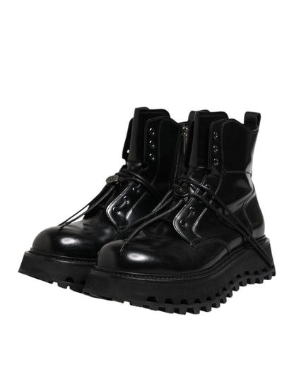 Dolce & Gabbana Black Leather Logo Ankle Boots Lace Up Shoes