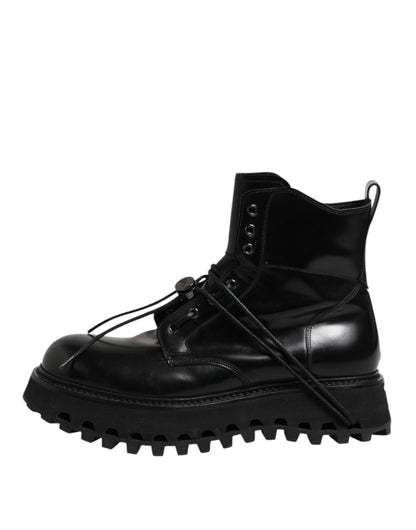 Dolce & Gabbana Black Leather Logo Ankle Boots Lace Up Shoes
