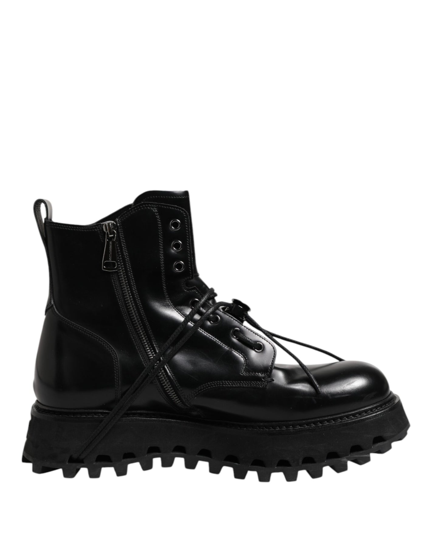 Dolce & Gabbana Black Leather Logo Ankle Boots Lace Up Shoes