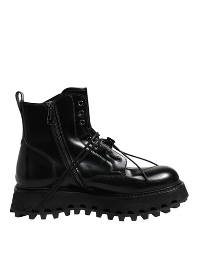Dolce & Gabbana Black Leather Logo Ankle Boots Lace Up Shoes